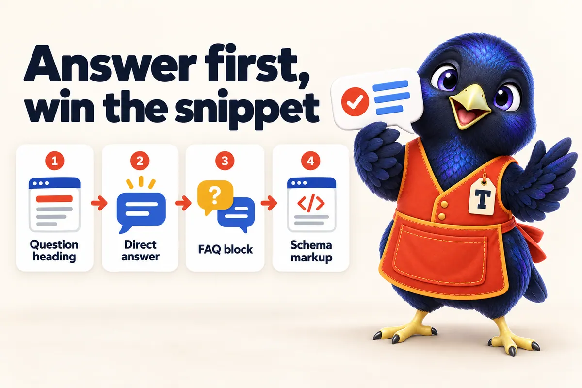 Infographic: Answer first, win the snippet. 1: Question heading. 2: Direct answer. 3: FAQ block. 4: Schema markup. With Trove the bowerbird mascot.