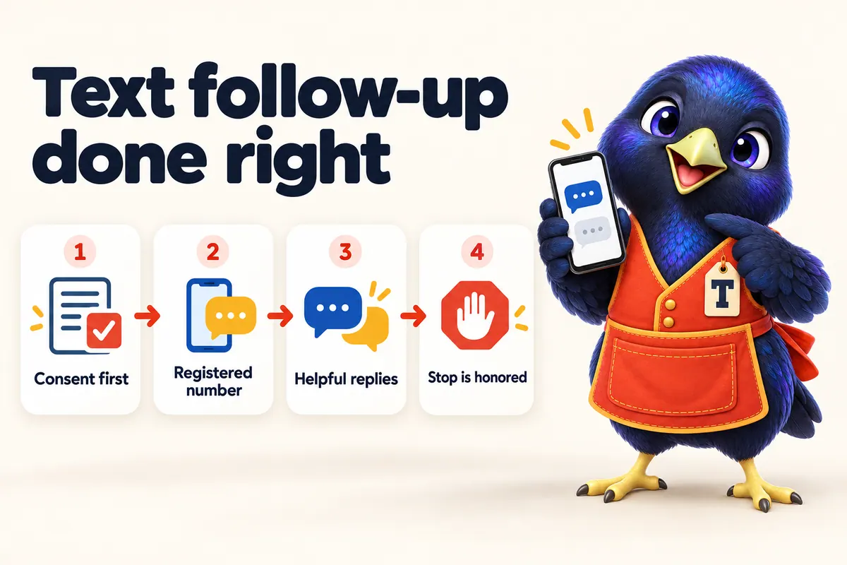 Infographic: Text follow-up done right. 1: Consent first. 2: Registered number. 3: Helpful replies. 4: Stop is honored. With Trove the bowerbird mascot.