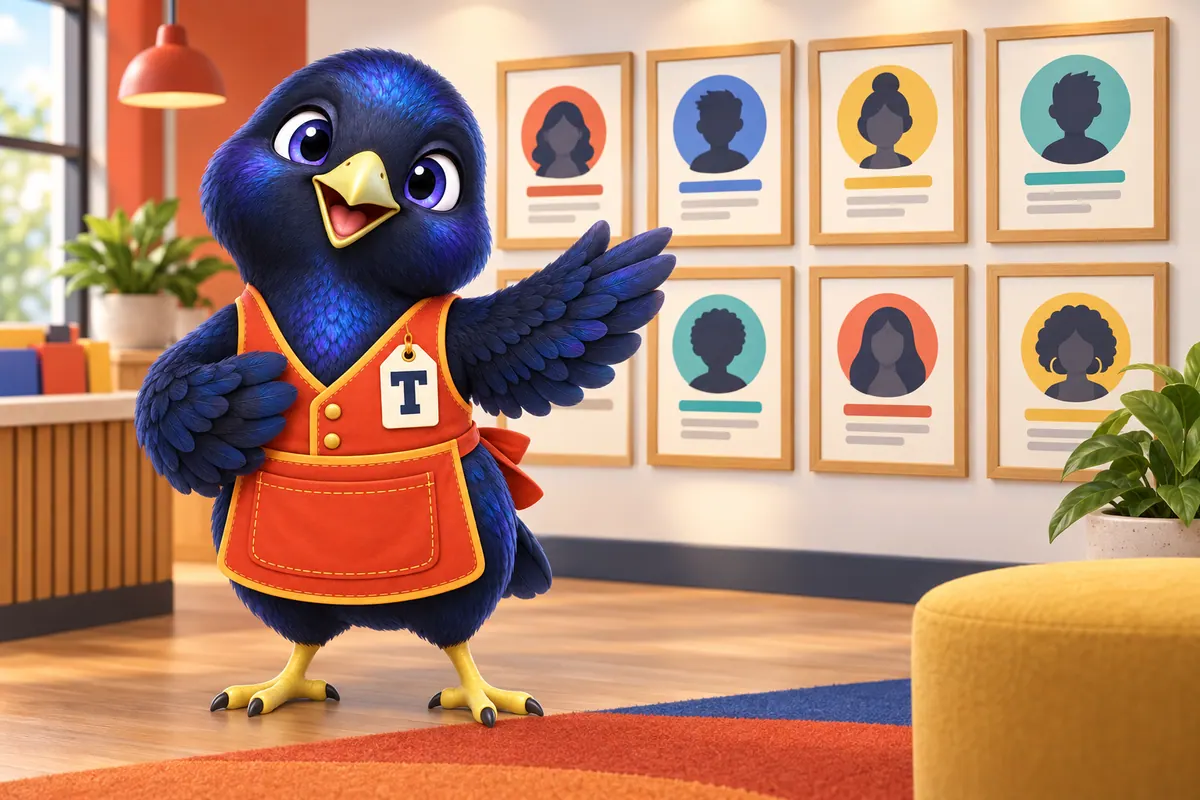 Trove the mascot in front of a wall of eight framed loan officer profile cards