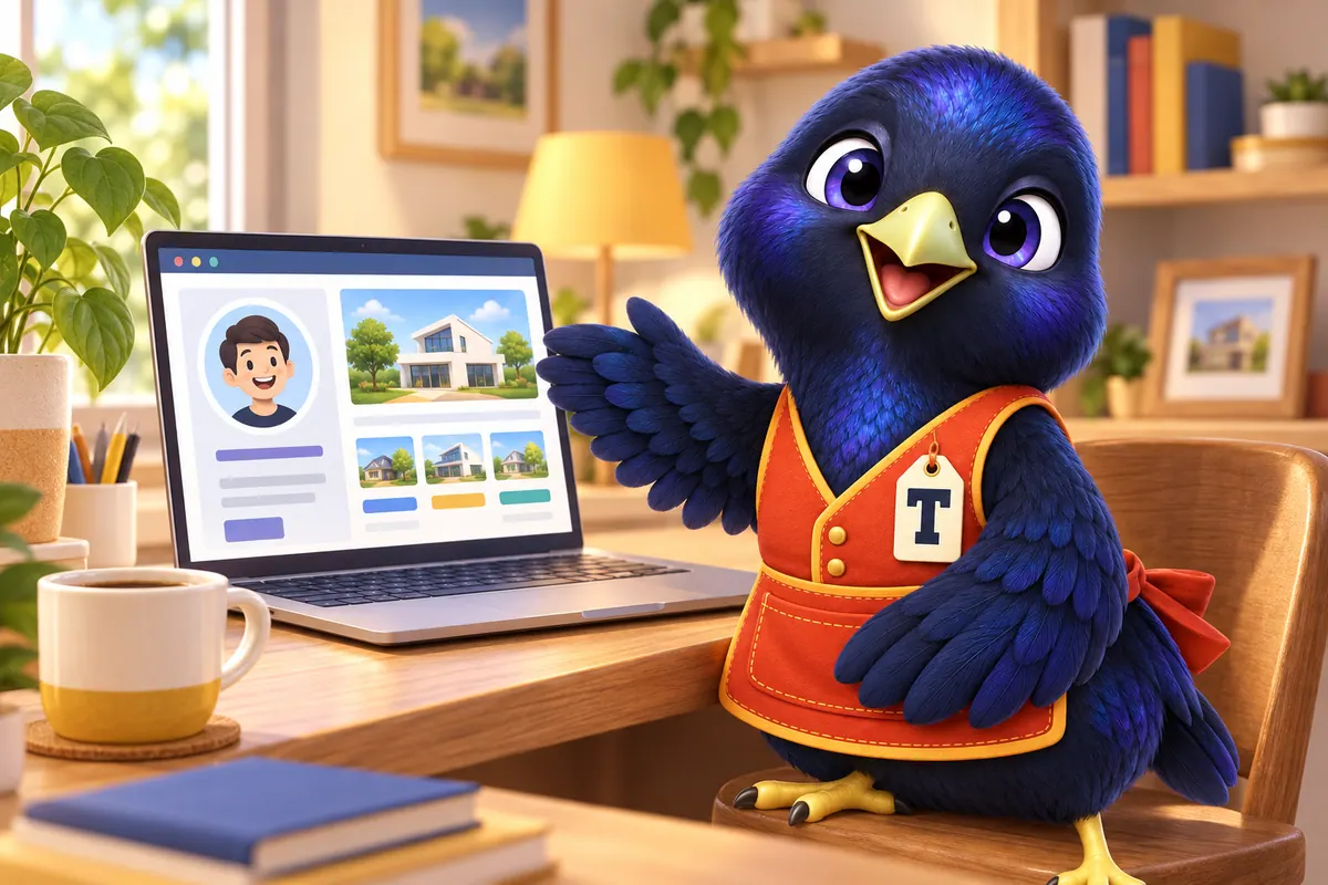 Trove the mascot beside a laptop showing a loan officer personal website