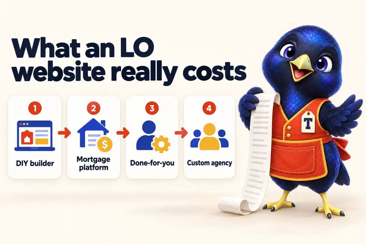 Infographic: What an LO website really costs. 1: DIY builder. 2: Mortgage platform. 3: Done-for-you. 4: Custom agency. With Trove the bowerbird mascot.