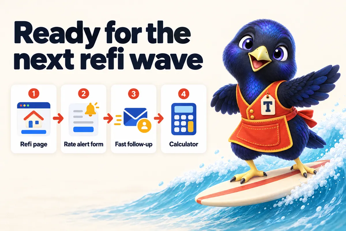 Infographic: Ready for the next refi wave. 1: Refi page. 2: Rate alert form. 3: Fast follow-up. 4: Calculator. With Trove the bowerbird mascot.