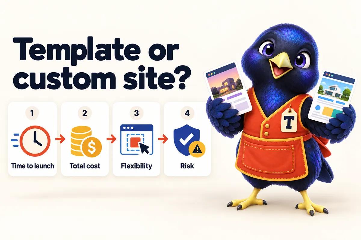 Infographic: Template or custom site?. 1: Time to launch. 2: Total cost. 3: Flexibility. 4: Risk. With Trove the bowerbird mascot.