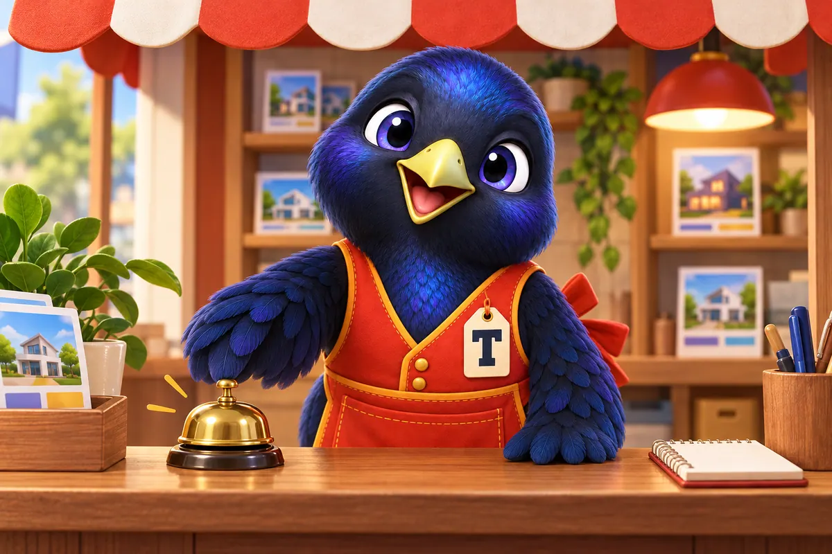 Trove the mascot ringing a service bell on a shop counter