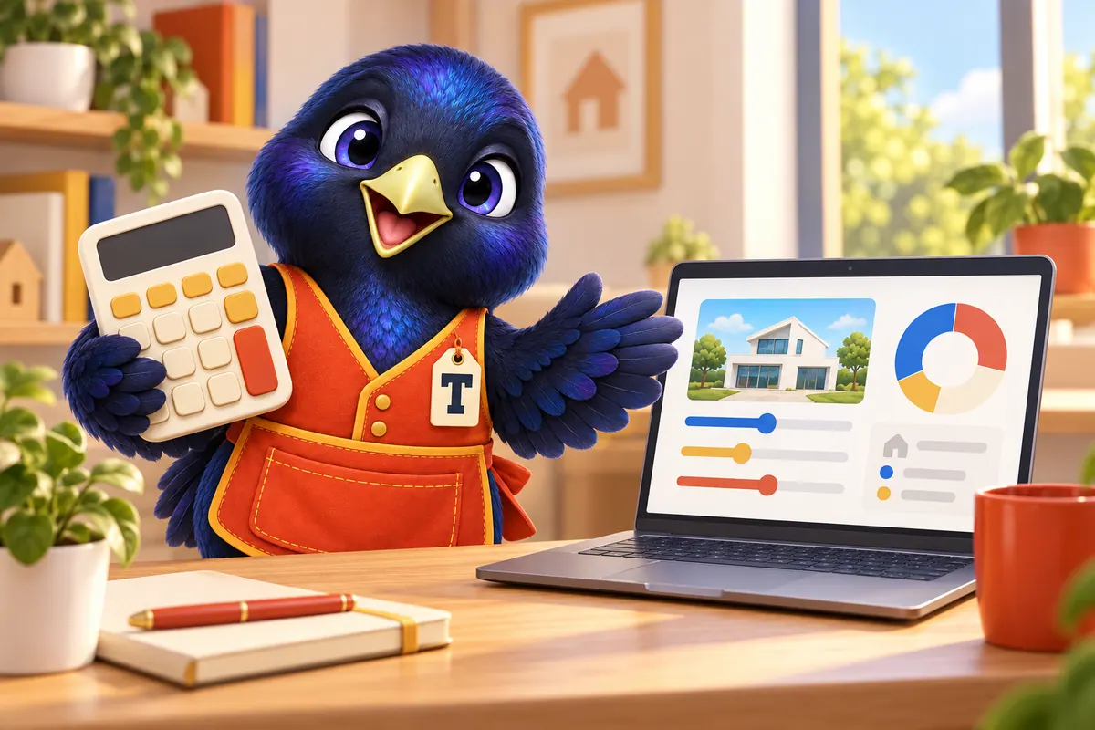 Trove the mascot holding a calculator beside a laptop showing a mortgage calculator with sliders and a donut chart