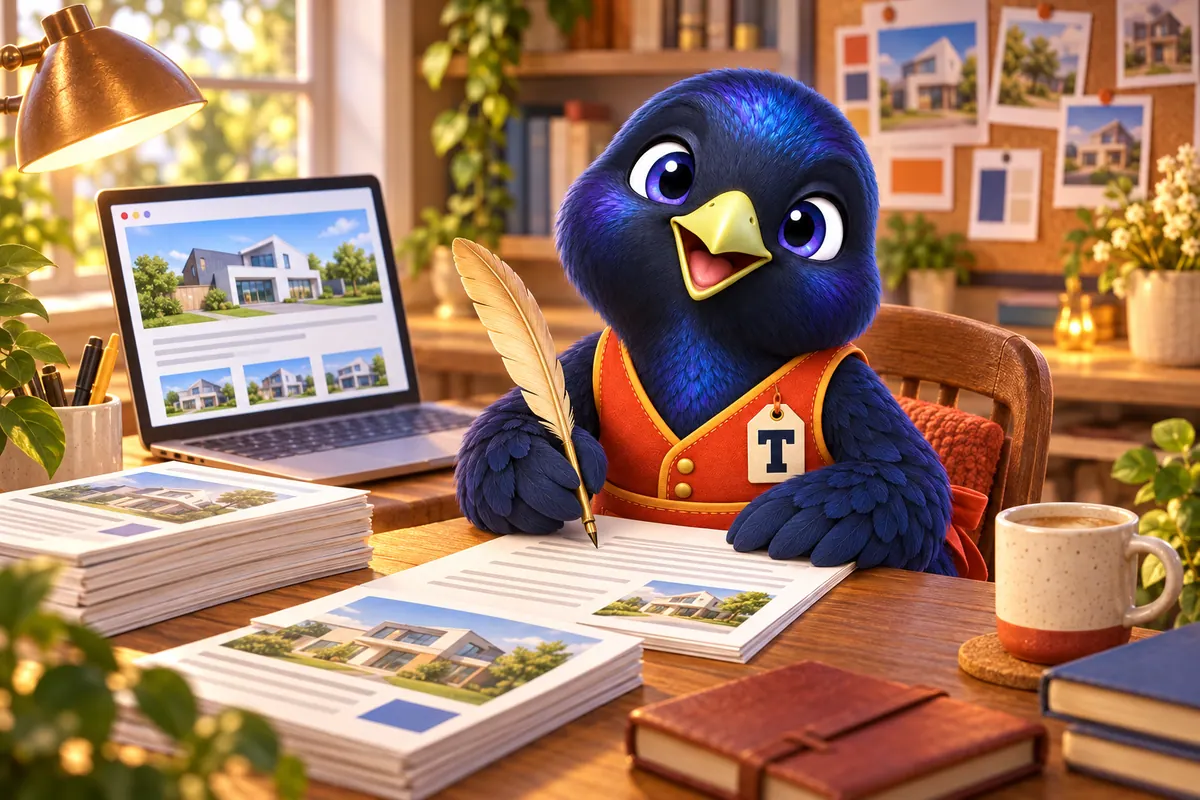 Trove the mascot writing articles with a quill at a desk beside a laptop showing a blog