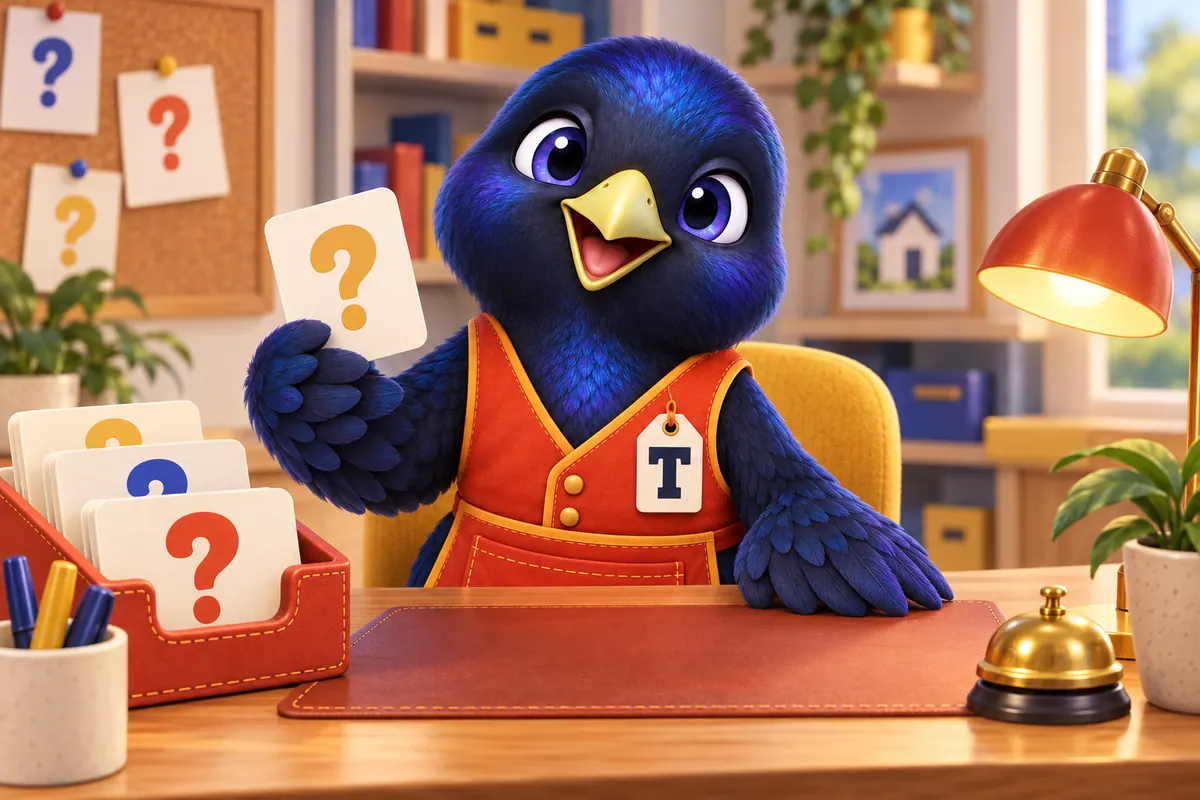 Trove the mascot at a help desk holding a question-mark card